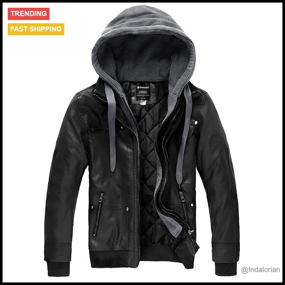 Faux Leather Motorcycle Jacket with Removable Hood Winter Coat Casual Warm